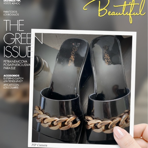 Black Patent Leather Look Slides/Mules w/Gorgeous Gold Chainlink Hardware Detail - Picture 9 of 16